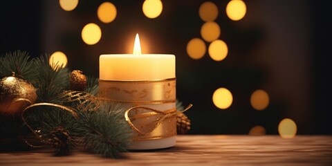 Poster - A simple yet cozy image of a lit candle sitting on top of a wooden table. This picture can be used to create a warm and inviting atmosphere in various settings