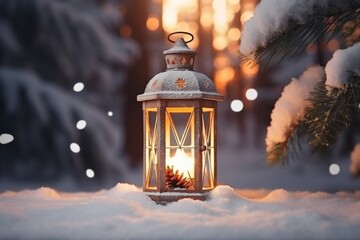 Sticker - A lantern sits in the snow in front of a tree. This image can be used to depict winter, holidays, or a peaceful outdoor scene