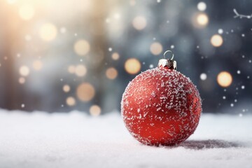 Poster - A red Christmas ornament sitting in the snow. Perfect for holiday decorations or winter-themed designs