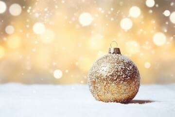 Poster - A beautiful golden Christmas ornament resting on a snowy ground. Perfect for adding a touch of elegance to holiday-themed designs and decorations