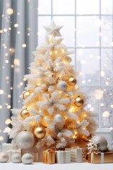 Poster - A festive white Christmas tree adorned with beautiful gold ornaments and surrounded by presents. Perfect for holiday-themed designs and decorations