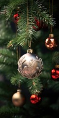 Poster - A close-up view of a Christmas ornament hanging on a tree. Perfect for holiday-themed designs and festive decorations