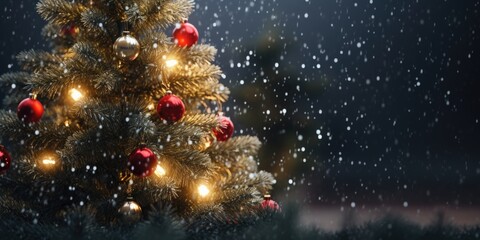 Aufkleber - A picture of a small Christmas tree covered in snow with red ornaments. Perfect for holiday-themed designs and winter decorations