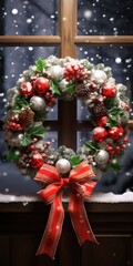 Poster - A beautiful Christmas wreath adorns a window sill covered in snow. Perfect for holiday decorations or winter-themed projects