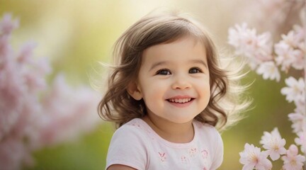 Wall Mural - Smiling toddler girl against spring ambience background with space for text, children background image, AI generated