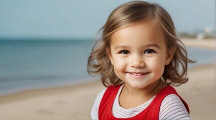 Wall Mural - Smiling toddler girl wearing red shirt against beach ambience background with space for text, children background image, AI generated