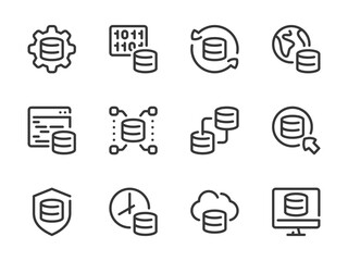 Wall Mural - Database and Server vector line icons. Online Storage and Data Center outline icon set. System Configuration, Coding, Network, Protection, Backup, Programming and more.