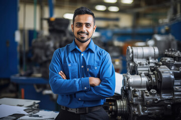 Confident and successful mechanical engineer standing at factory