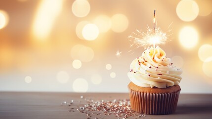 Wall Mural - Delicious cupcake with sparkler on festive table with blurred lights background with copy space for text