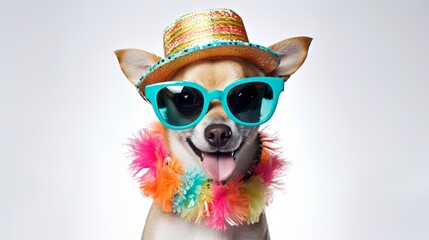 Happy dog in colorful hat and sunglasses celebrating summer on white background