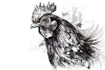 Wall Mural - Image of line drawing of a rooster with ink on a white background. Farm animals.