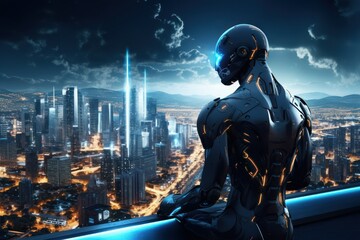 Wall Mural - Cyborg looking over the city. futuristic city. artificial intelligence concept