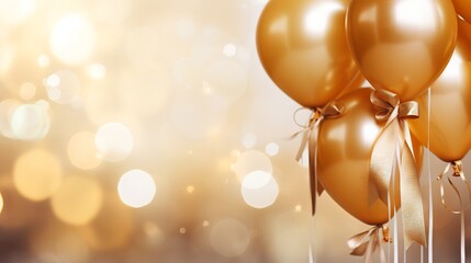 Wall Mural - Gold balloons with ribbons on bokeh background, copy space for festive celebration or party invitation