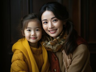 Portrait of happy asian mother and daughter looking at camera together