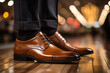 Close-up at heel of the manager is wearing formal business court shoe is walking on wooden floor at working office, Businessman action.