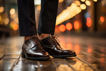 Wall Mural - Close-up at heel of the manager is wearing formal business court shoe is walking on wooden floor at working office, Businessman action.