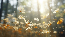 Blumen Pollen Fliegen Mit Viel Licht Im Wald Herum Als  Hintergrund