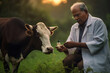Indian animal doctor checking cow