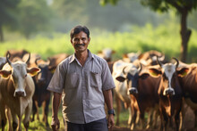 Indian Man Standing At His Dairy Farm With Cow