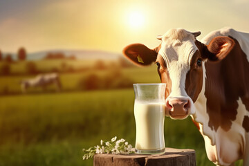 Cow standing, near full of milk bottle