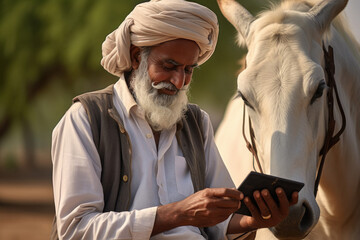 indian farmer using smartphone at agriculture field.