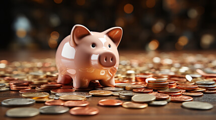 Sticker - Pink piggy bank with many coins