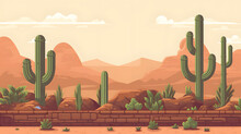 Cactus Garden In The Desert. Illustrated Background. Concept For Banner, Web Background And Templates. Aspect-ratio 16:9