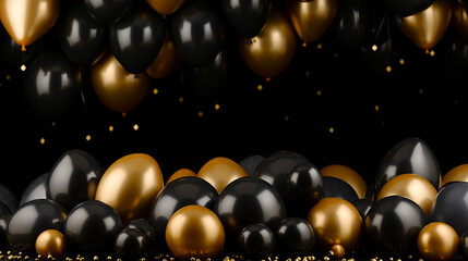 Wall Mural - Black present boxes with gold ribbons and many gold balloons tied to them standing in black room