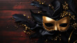 Red and gold Venetian carnival mask with feathers, copy space
