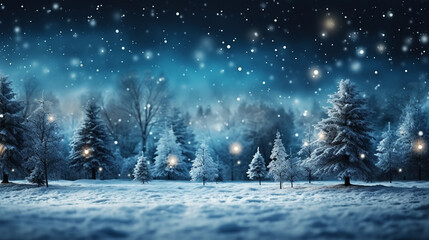 Christmas tree decoration in winter forest with northern lights in the night sky