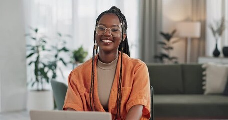 Fototapete - Black woman, typing in home office and laptop for research in remote work, social media or blog in apartment. Freelance girl at desk with computer writing email, website post and online chat in house