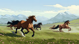 Wild horses galloping across a plain. Illustrated background. Concept for banner, web background and templates. Aspect-ratio 16:9