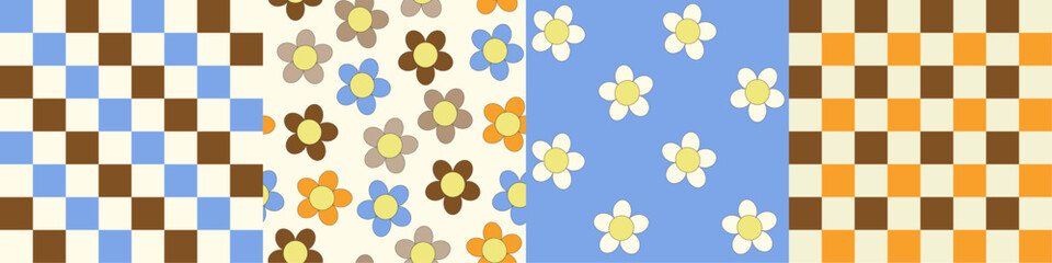 Retro pattern set with checkers and daisies. 60s, 70s style seamless patterns