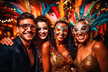 People celebrating Carnival at a party with masks and feathers