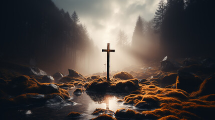 Silhouettes of crucifix symbol on top mountain with bright sunbeam on the colorful sky background