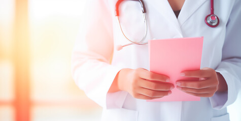 Wall Mural - A doctor holding a journal. Concept of health care, studying medicine and seeing patients. Shallow field of view with copy space. 