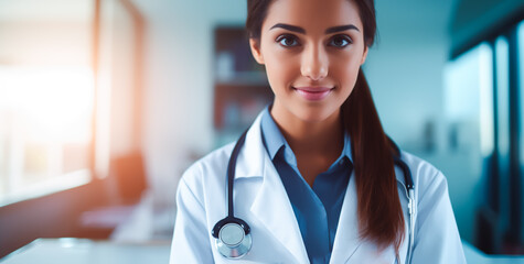 Wall Mural - Female doctor or physician. Concept of health care, studying medicine and seeing patients. Shallow field of view with copy space. 