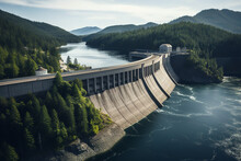A massive hydroelectric dam holds back a vast reservoir, with dense forests in the background, symbolizing water-powered energy