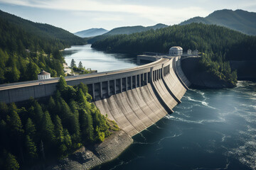 a massive hydroelectric dam holds back a vast reservoir, with dense forests in the background, symbo