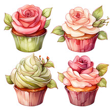 Pistachio Rose Water Cupcakes. Sweet Desserts, Watercolor Illustration