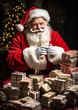 Santa Claus sentado y sonriendo con las manos juntas y rodeado de paquetes de regalos hechos con billetes.