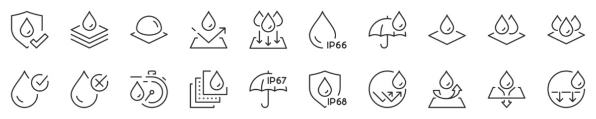 Waterproof fabrics and absorbent fabrics. Thin line icon set. Symbol collection in transparent background. Editable vector stroke. 512x512 Pixel Perfect.