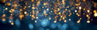 Christmas lights background with out ouf focus garland on blue surface. Holiday illumination and decoration. Bokeh lights. Generative Ai