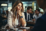 Fototapeta  - A high-achieving female entrepreneur subtly glances at her luxury watch in the middle of an intense business negotiation, exuding confidence