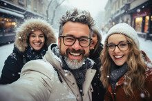 Selfie Portrait Of Happy Smiling Satisfied People Rejoicing Wintertime Outdoors