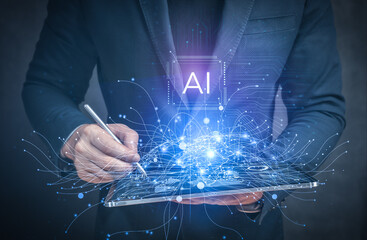 Poster - Businessman using digital tablet for chatbot, chat AI, robot application, AI Artificial Intelligence concept, digital chatbot on virtual screen. Artificial Intelligence, AI, Automation.