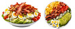 Set of two plates with cobb salad with rows of bacon, egg, blue cheese, and avocado isolated on white background
