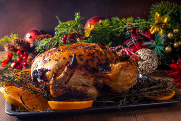 Wall Mural - Christmas and Thanksgiving traditional baked chicken. Whole roasted chicken for holiday dinner, with oranges and thyme, on Christmas or Thanksgiving decorated table