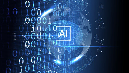 artificial intelligence brain earth illustration global network with binary code background