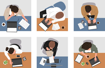 Canvas Print - People top view. Managers office business characters sitting at table recent vector people at workplace